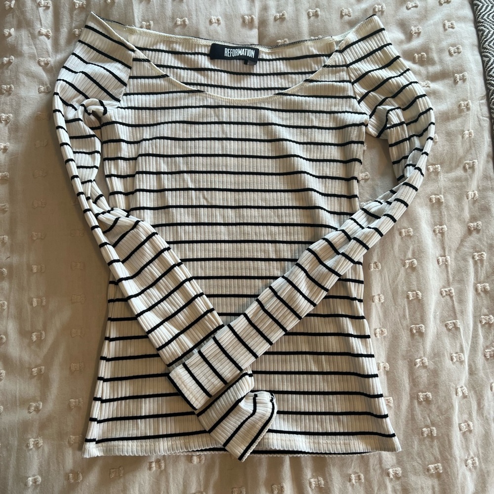 Reformation Long Sleeve Off Shoulder Stripe Top